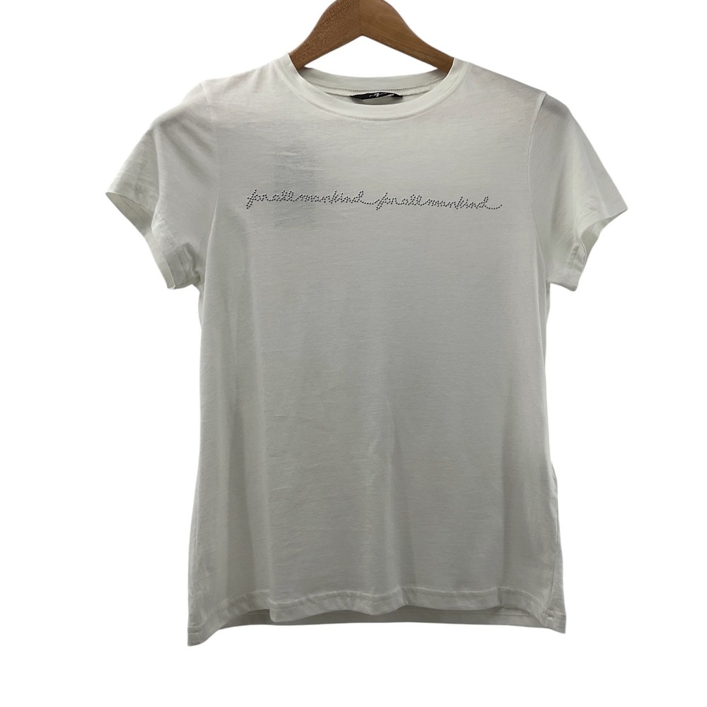 7 For All Mankind Womens White Rhinestone Logo Graphic T-Shirt Size S NWT